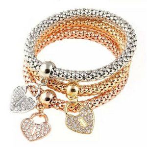 3Pcs Set Charm Elastic Bracelets Rose Gold Silver Heart Crystal Bracelet Womens